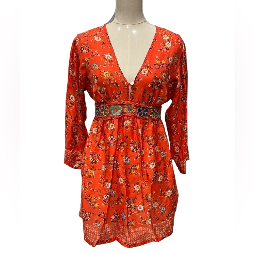 Johnny Was Floral V Neck Hobo Mini Dress Size:S